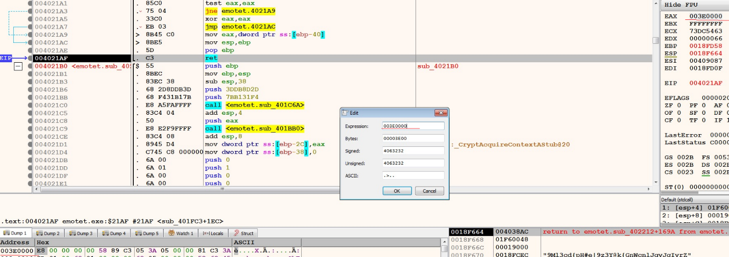 Figure 18 – the function returns the address of the shellcode once it is prepared
