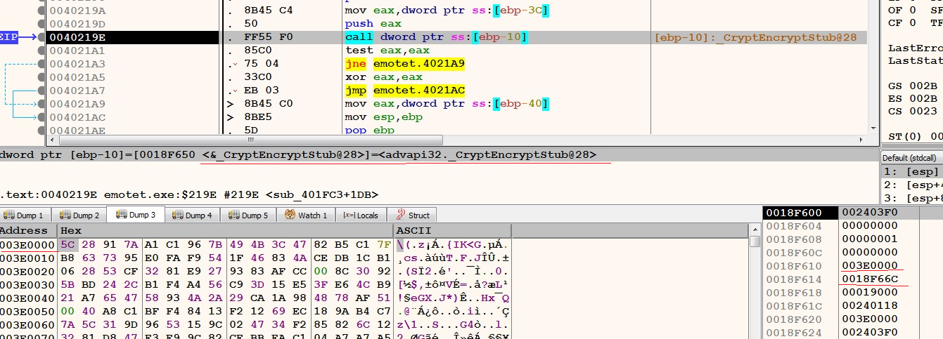 Figure 7 - the routine that decrypts the shellcode. i.e. CryptEncrypt