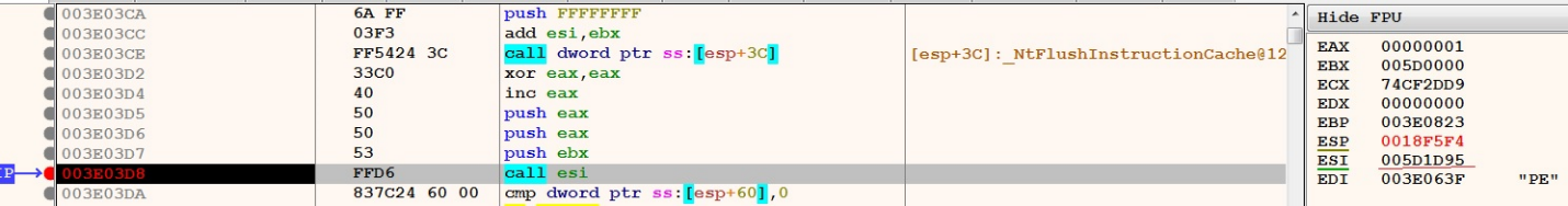 Figure 28 -jump to the entry point of the injected PE